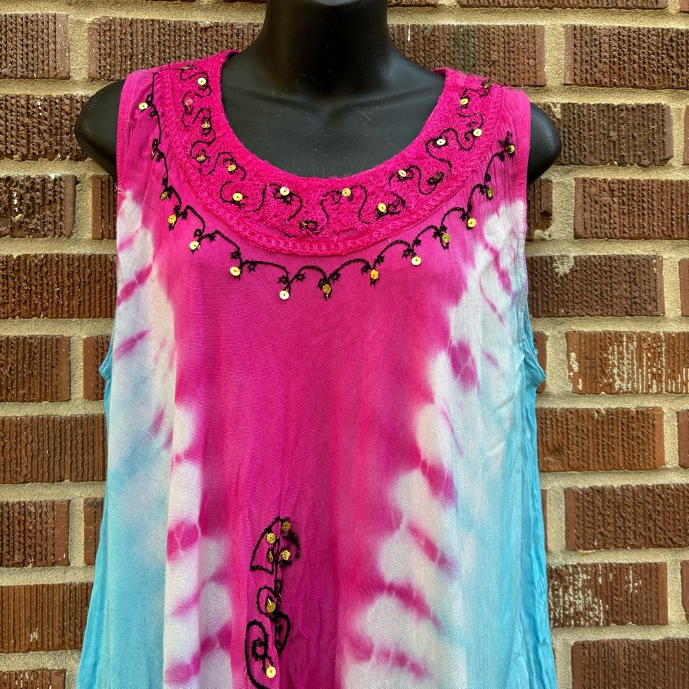 Embroidered Tie-Dye Umbrella Blue Pink Dress OS Light Breezy Beach Cover-Up - Picture 2 of 8